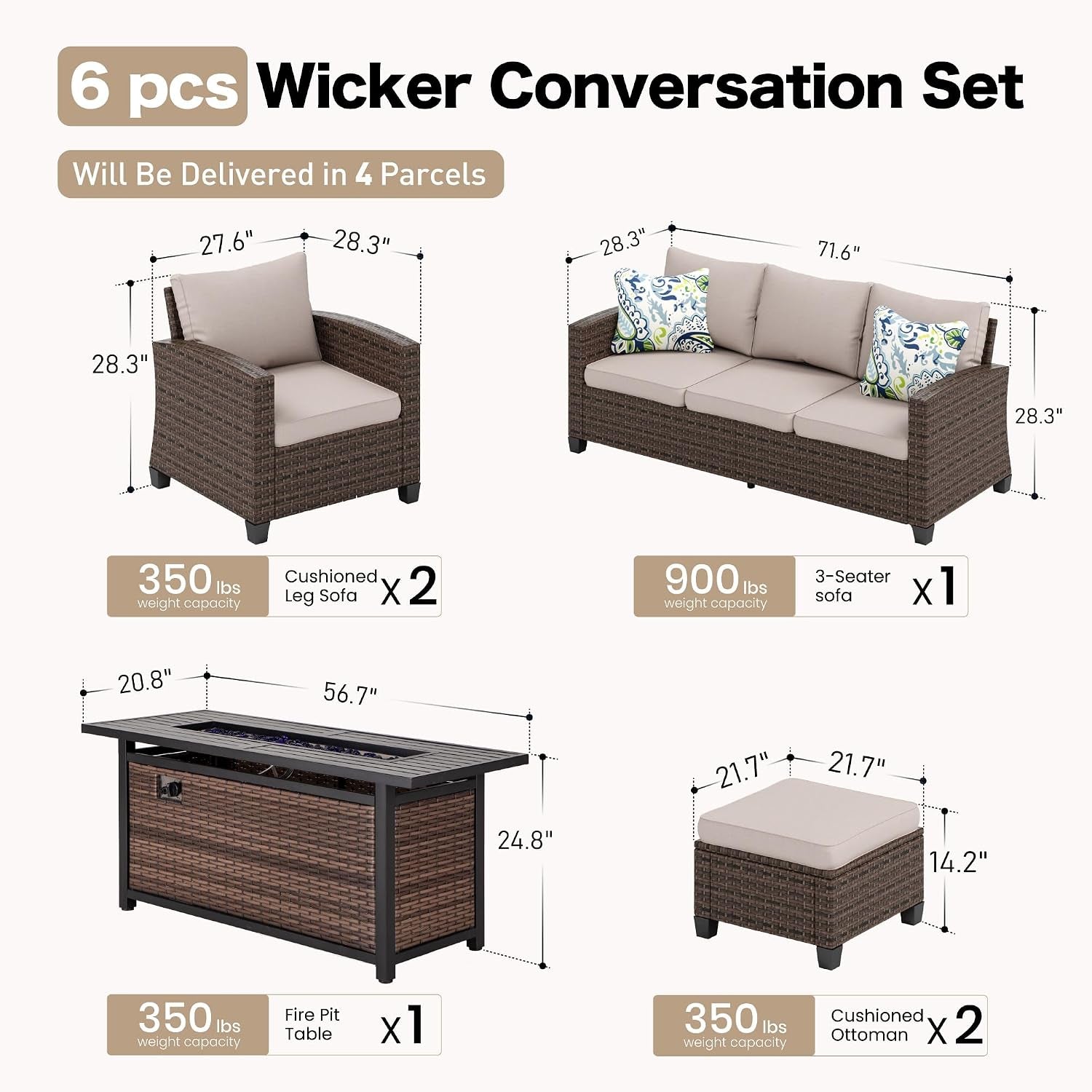 Patio Furniture Set Outdoor Furniture Brown Wicker Rattan Patio Conversation Sets with Cushion outside Sofa Set,6 Pieces with Rectangular Firepit Table,7 Seats,Beige