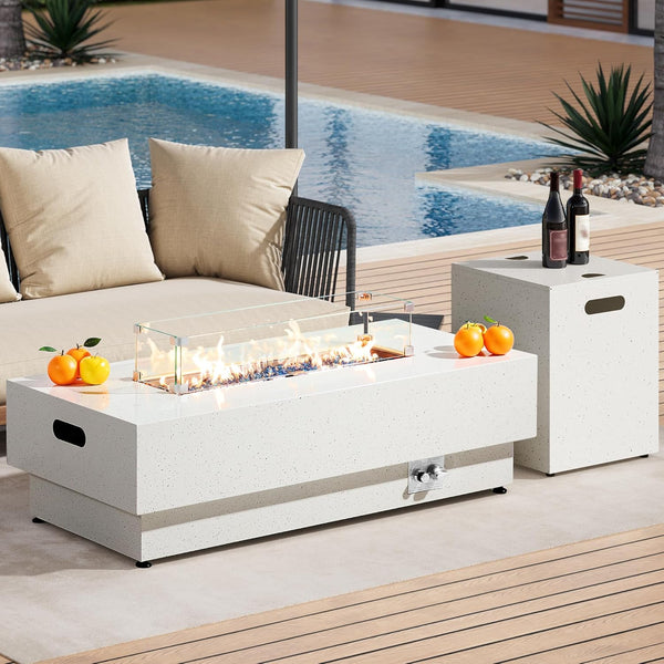 50-Inch Outdoor Propane Fire Pit Table W Tank Table, CSA Certified, Rectangular Patio Fire Pit W Glass Rocks, Wind Guard and Cover, 58000 BTU 2 in 1 Outdoor Heater for Deck Garden, White