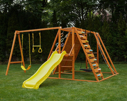 Sycamore Backyard Ultimate Climbing Set with 2 Swings and Trapeze Bar - Outdoor Playset for Kids with Gymnastics Bar, Rock Climbing Holds, and Sensory Playground Accessories - Wooden Swingset for Ages