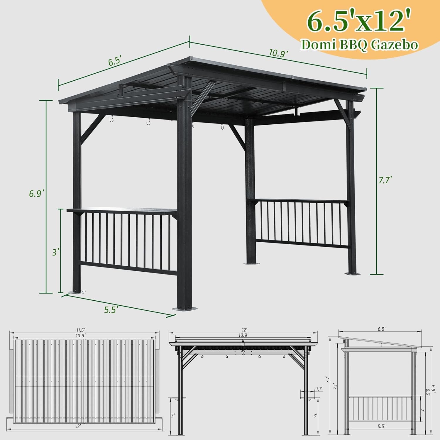 Domi 6.5X12Ft Hardtop Grill Gazebo, Outdoor BBQ Gazebo with 2 Side Shelves and Sloping Galvanized Steel Roof, Metal Permanent Grill Canopy with Ceiling Hooks for Patio, Lawn, Backyard, Deck, Gray