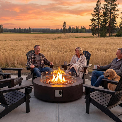 42 Inch Outdoor Propane Fire Pit Coffee Table W Concrete round Base Patio Heater, Certified, 50,000 BTU Stainless Steel Burner, Free Lava Rocks, Wind Guard, Rain Cover