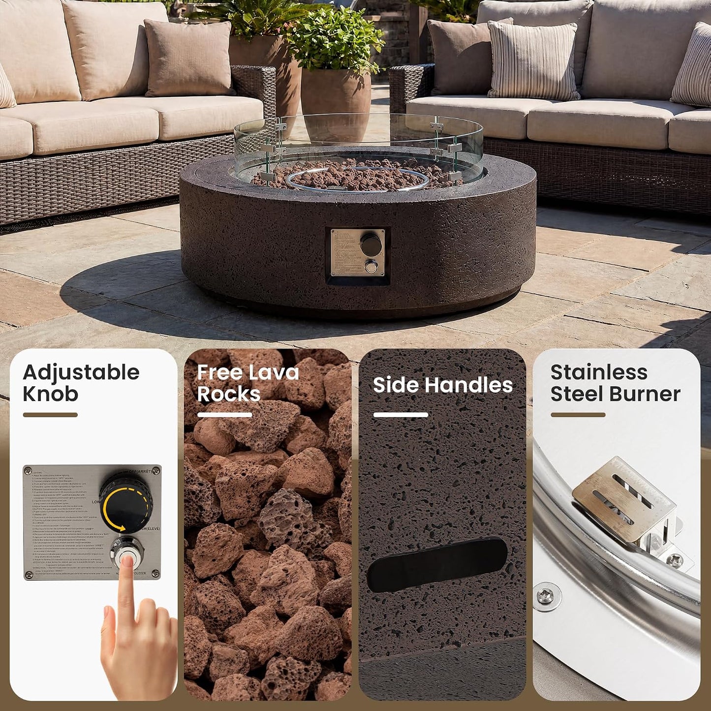 42 Inch Outdoor Propane Fire Pit Coffee Table W Concrete round Base Patio Heater, Certified, 50,000 BTU Stainless Steel Burner, Free Lava Rocks, Wind Guard, Rain Cover