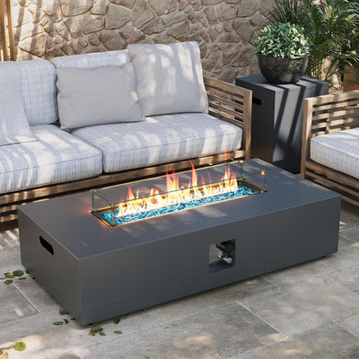 56-Inch Outdoor Propane Gas Fire Pit Table 50000 BTU Iron Rectangle Firepit for outside Patio with Tank Hidden Table, Wind Guard, Removable Lid, Blue Glass Rocks, Rain Cover, Grey