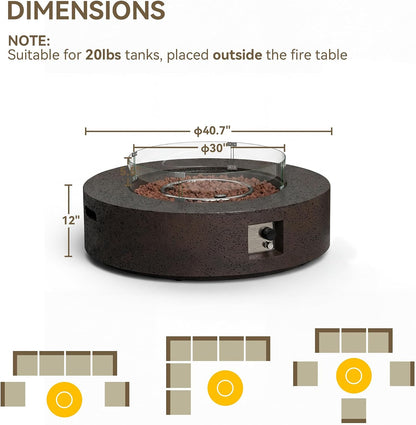 42 Inch Outdoor Propane Fire Pit Coffee Table W Concrete round Base Patio Heater, Certified, 50,000 BTU Stainless Steel Burner, Free Lava Rocks, Wind Guard, Rain Cover