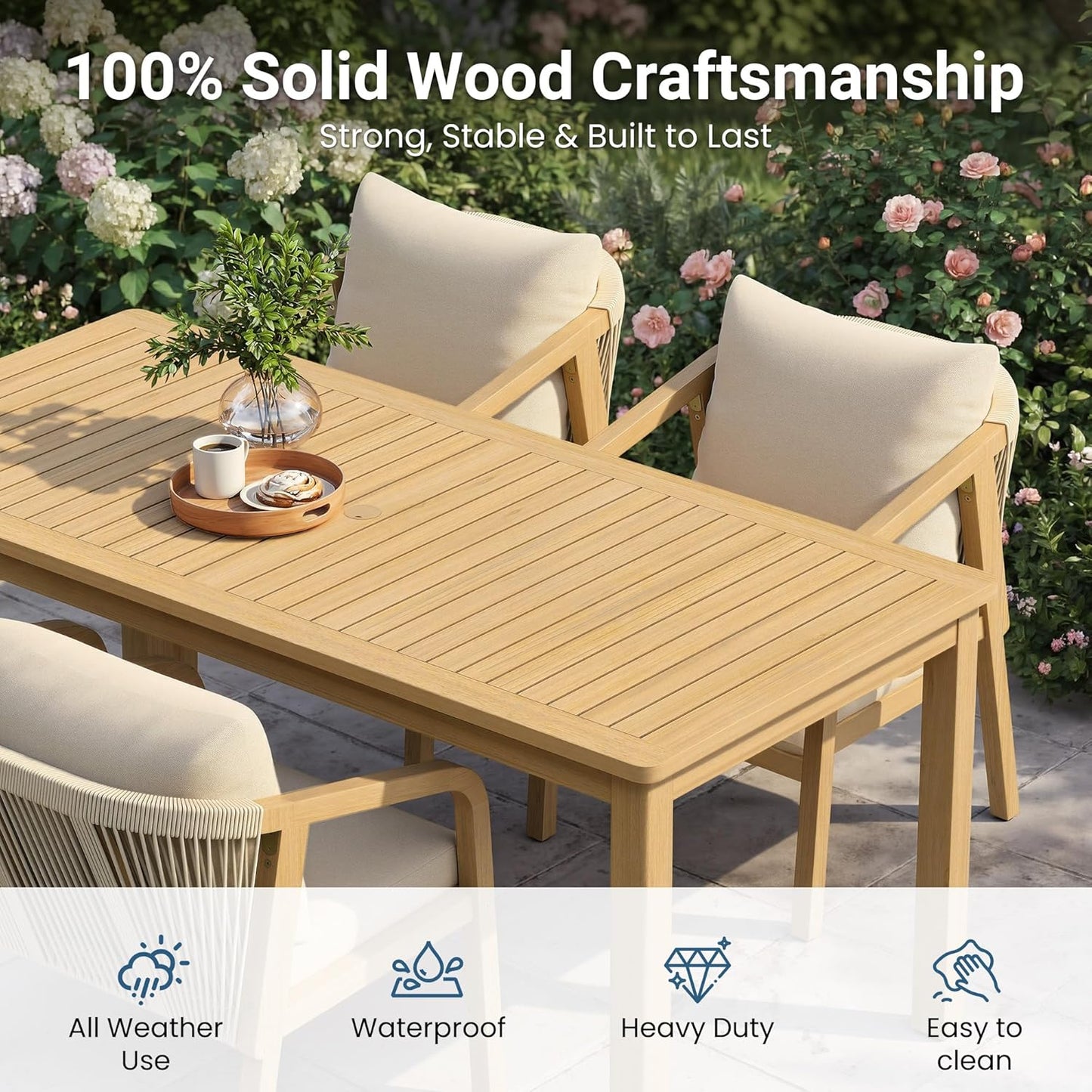 9 Pieces Acacia Outdoor Patio Table and Chairs Set for 8, Patio Outdoor Dining Table Set with Cushion, Modern Outdoor Patio Table Set for Lawn Backyard Garden Deck, Beige