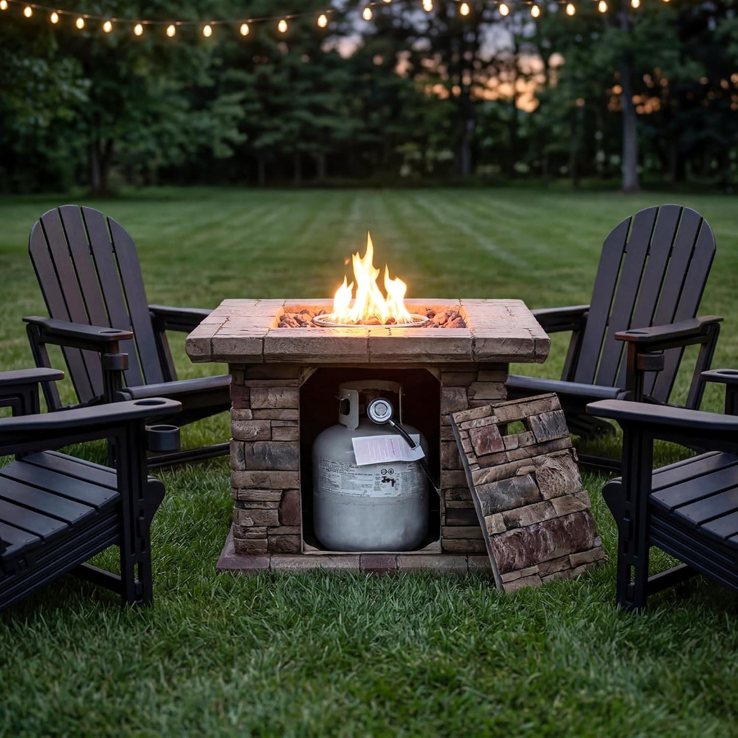 Outdoor Propane Fire Pit Table W Faux Brown Ledgestone 32-Inch Square Fire Table, Certified, 50,000 BTU Stainless Steel Burner, Free Lava Rocks, Fits 20Lb Tank Inside
