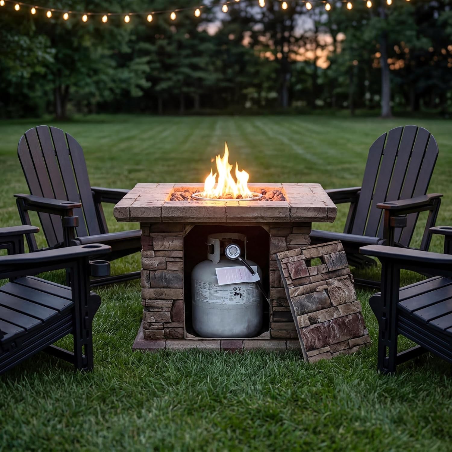 Outdoor Propane Fire Pit Table W Faux Brown Ledgestone 32-Inch Square Fire Table, Certified, 50,000 BTU Stainless Steel Burner, Free Lava Rocks, Fits 20Lb Tank Inside