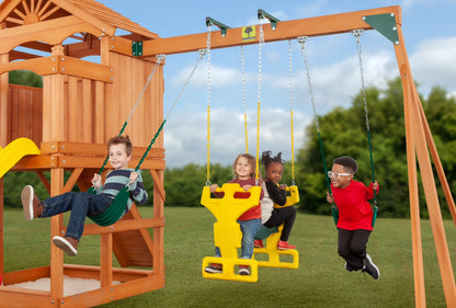 Timber Valley Wooden Playset with Wooden Roof, Glider Swing, Sandbox, Climbing Wall, Ladder, Slide & Belt Swings