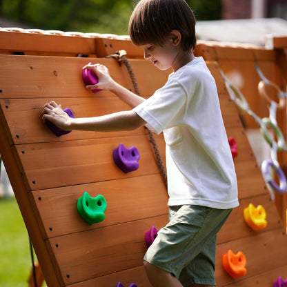 Sycamore Backyard Ultimate Climbing Set with 2 Swings and Trapeze Bar - Outdoor Playset for Kids with Gymnastics Bar, Rock Climbing Holds, and Sensory Playground Accessories - Wooden Swingset for Ages
