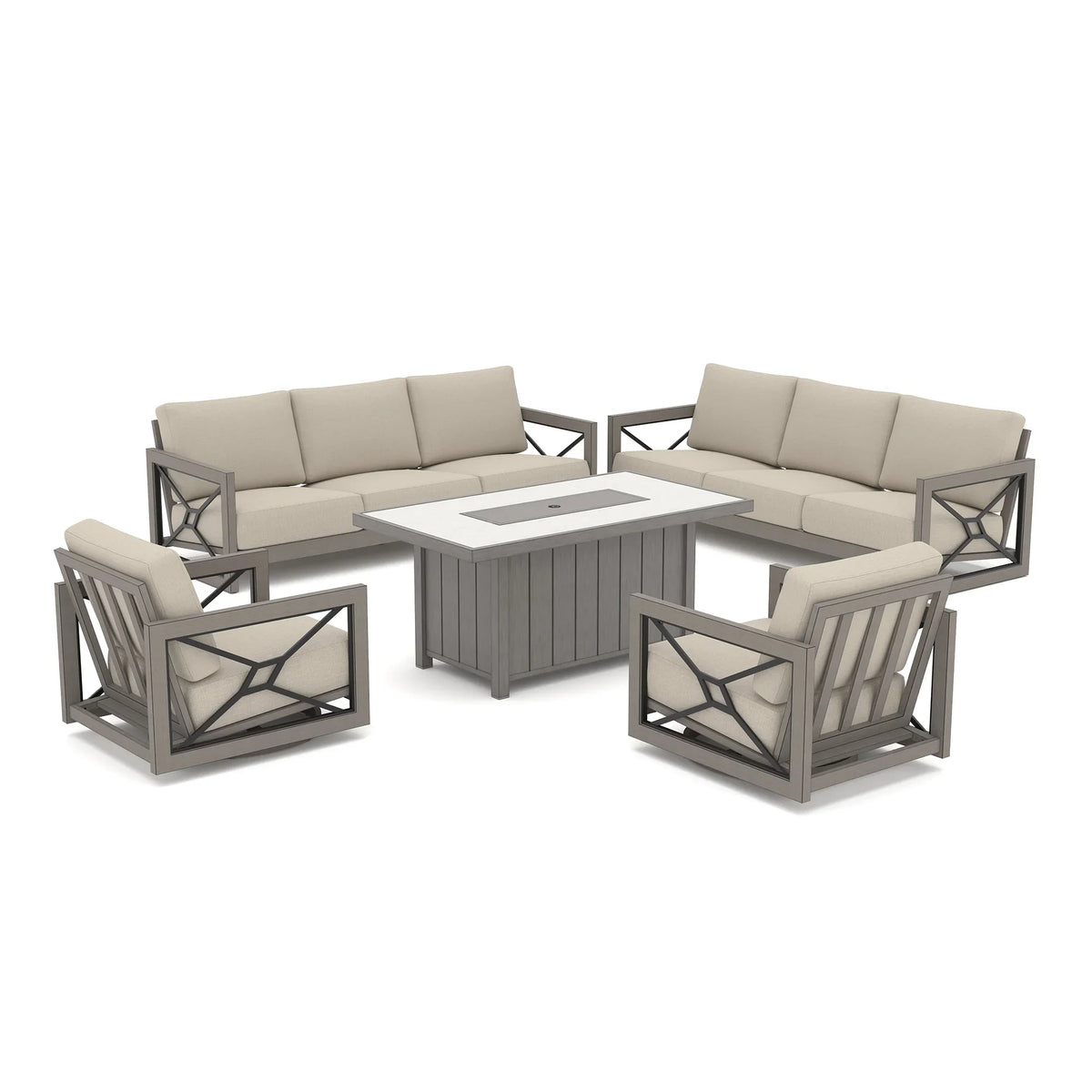Marindo 8-Person Faux-Wood Aluminum Swivel Patio Outdoor Salon with Fire Pit Table