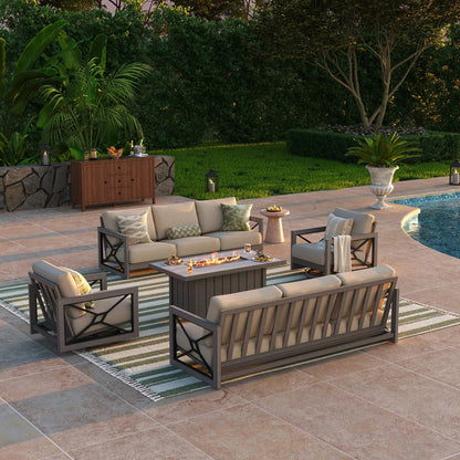 Marindo 8-Person Faux-Wood Aluminum Swivel Patio Outdoor Salon with Fire Pit Table